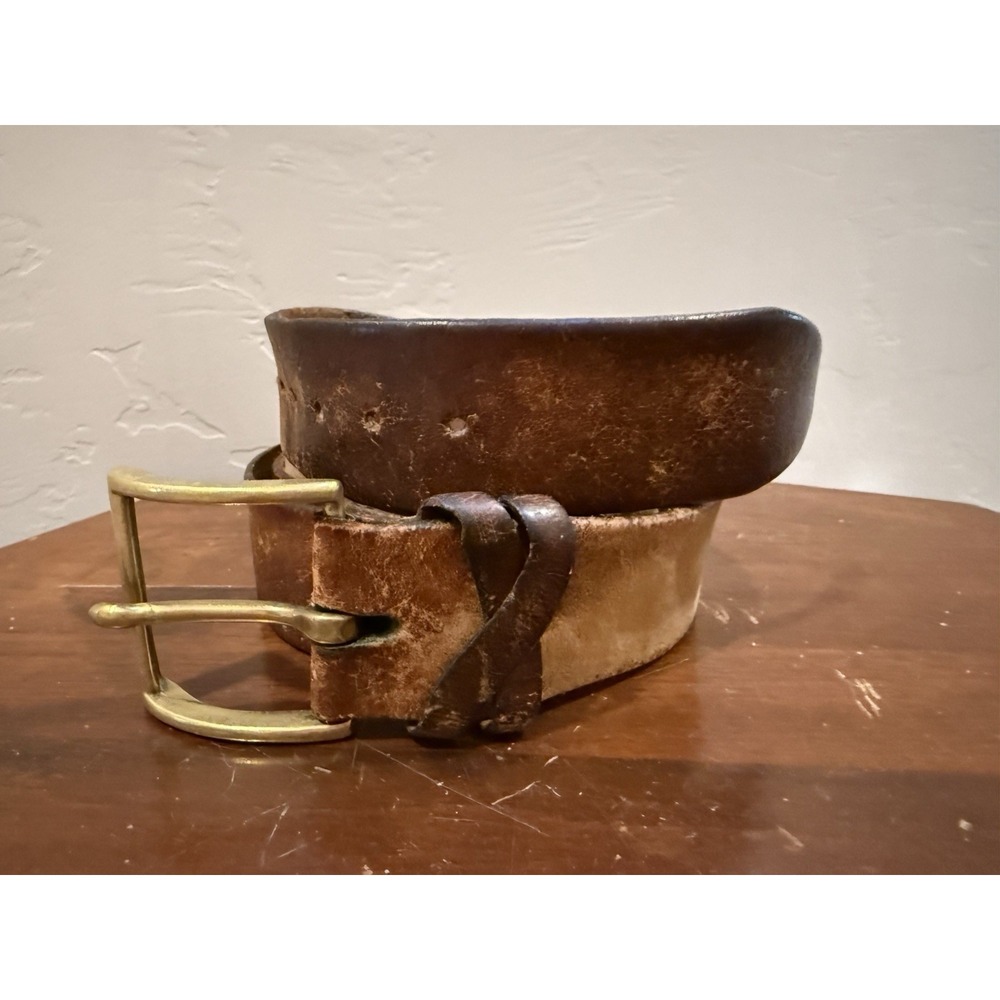 Vintage Solid Brass USA Buckle Full Grain Brown Leather Belt Work Western Patina